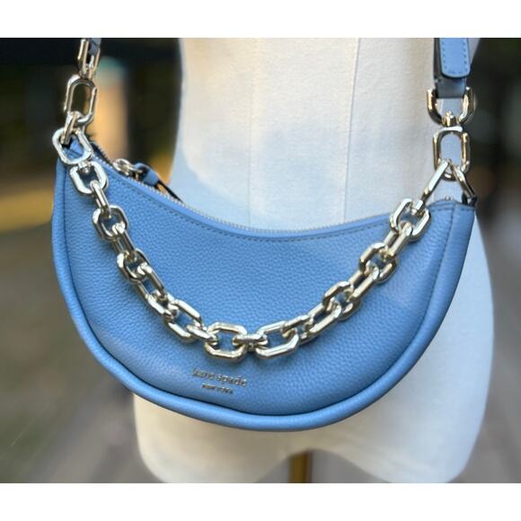 Kate Spade Smile Bag Light Blue Leather Crossbody & Chain Strap Shoulder Purse - Picture 11 of 13